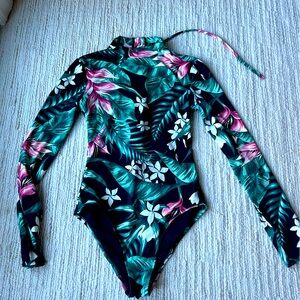 Rip Curl Long Sleeve One Piece- Black Tropical Print